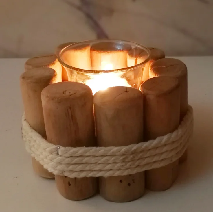 Wholesale new design rustic style home natural wooden base candle holder with glass cup