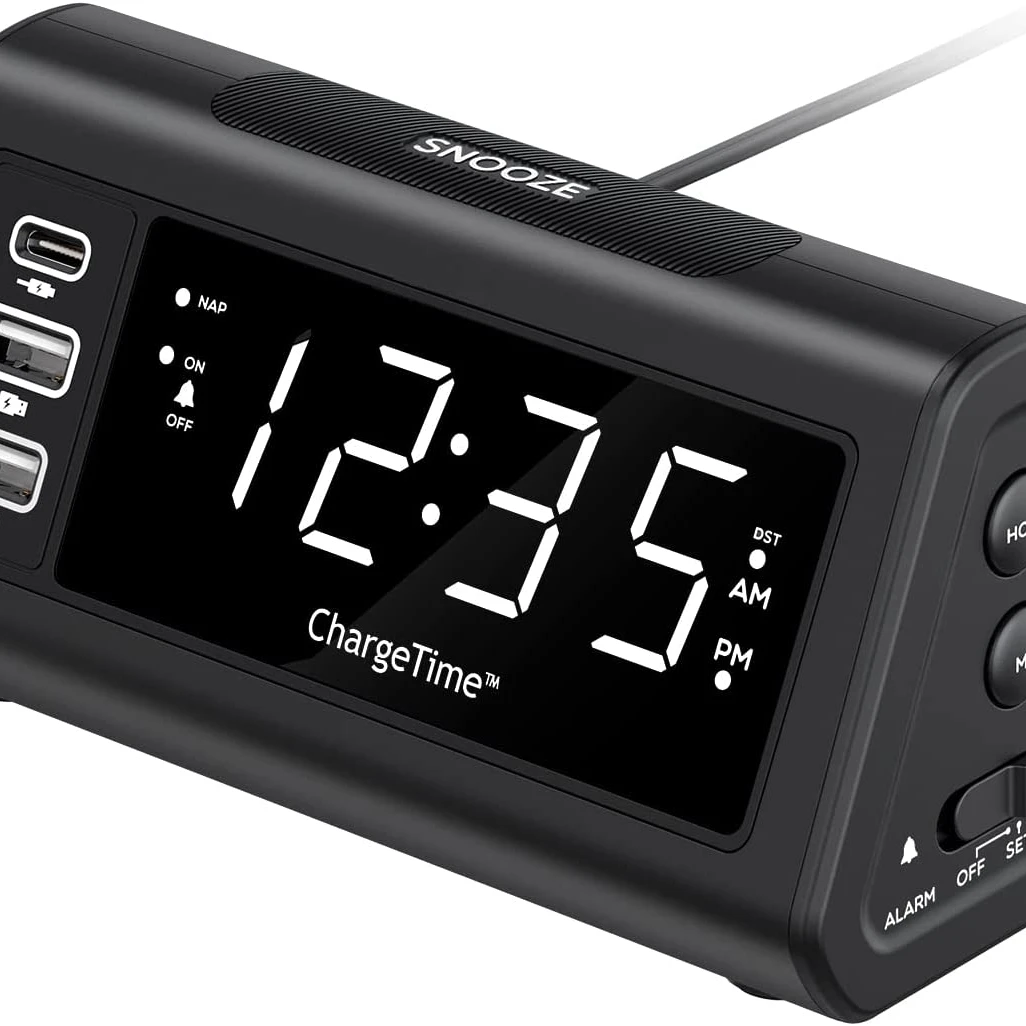 Teleadapt LCD Display Alarm Clock with 3 USB Charging Ports for iPhone iPad Android Devices Loud Digital Alarm Clock