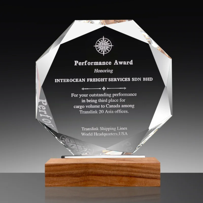 Creative large clear k9 color printing wooden trophy excellent company employees wood medal wooden crystal trophy sandblasting