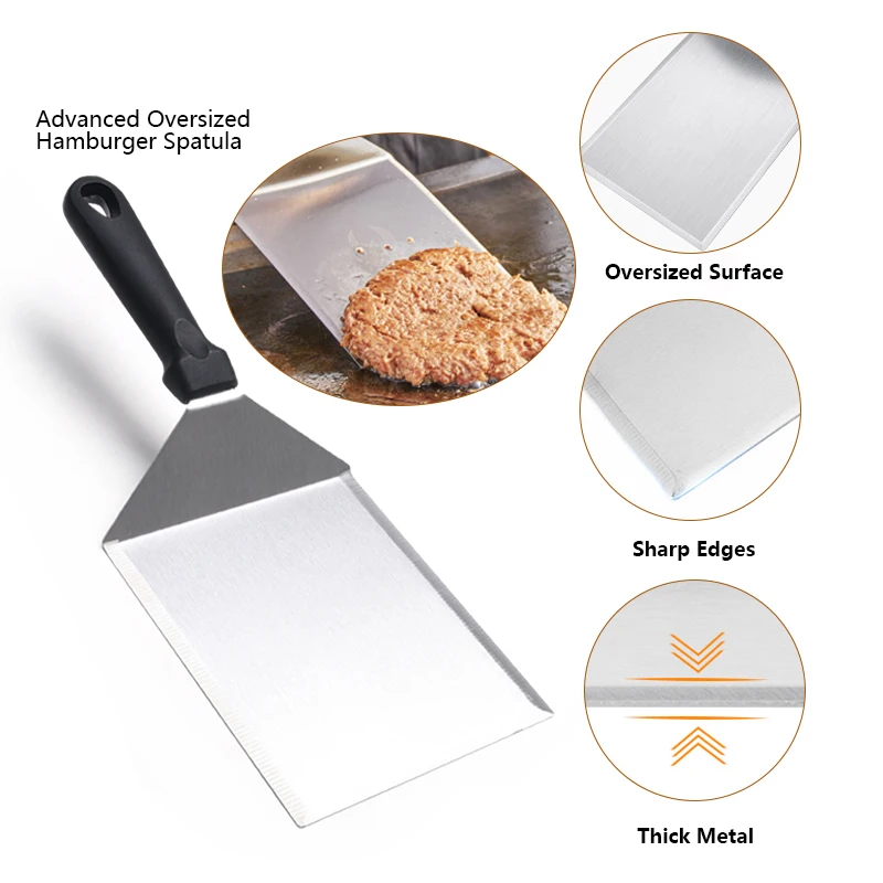 Stainless Steel BBQ Grilling Meat Patty Flipper Scraper Hamburger Presses Set With Cover