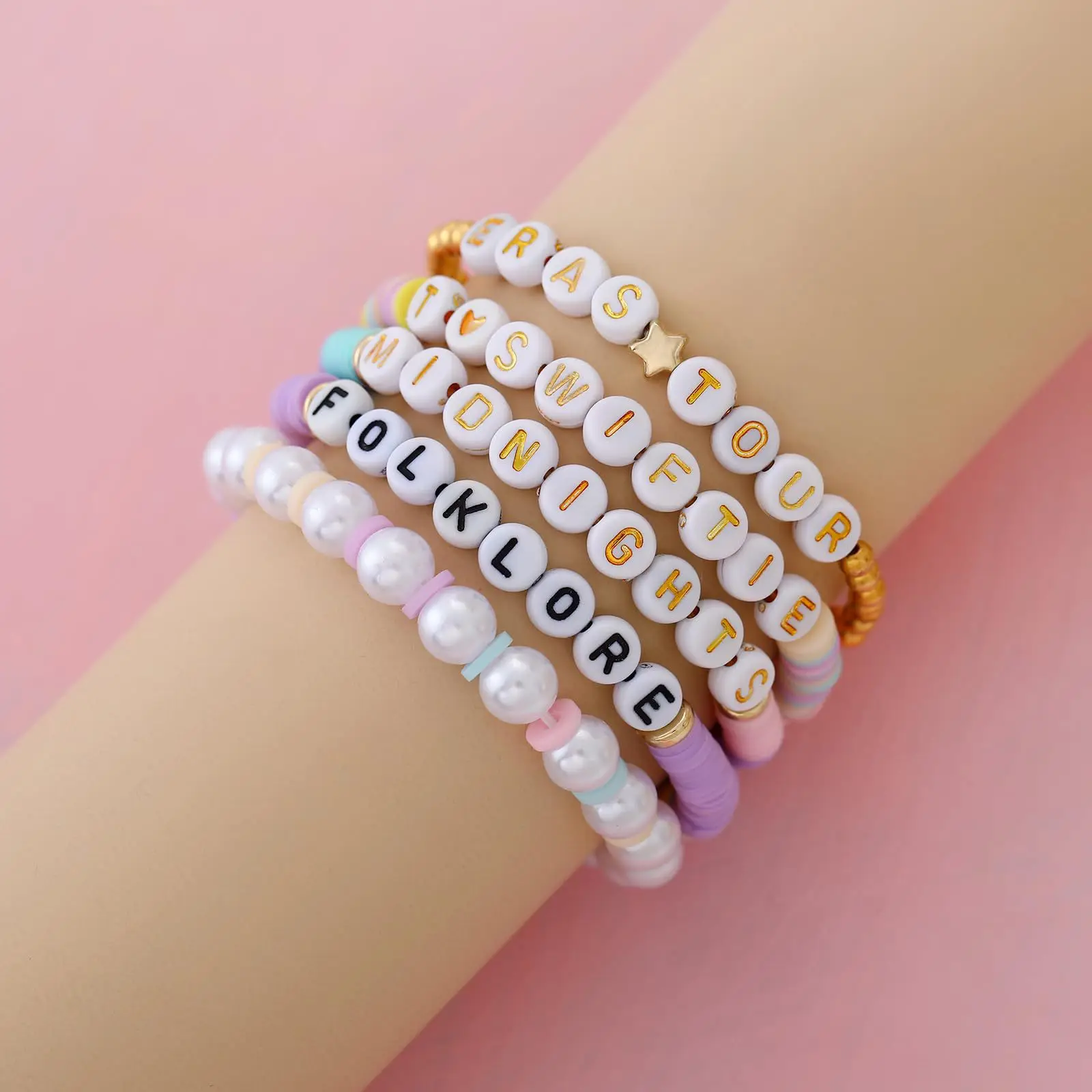 5pcs/set Taylor Fan Bracelet Set Personalized Multilayered Colorful Letter Bead Elastic Bracelets Hand Accessories