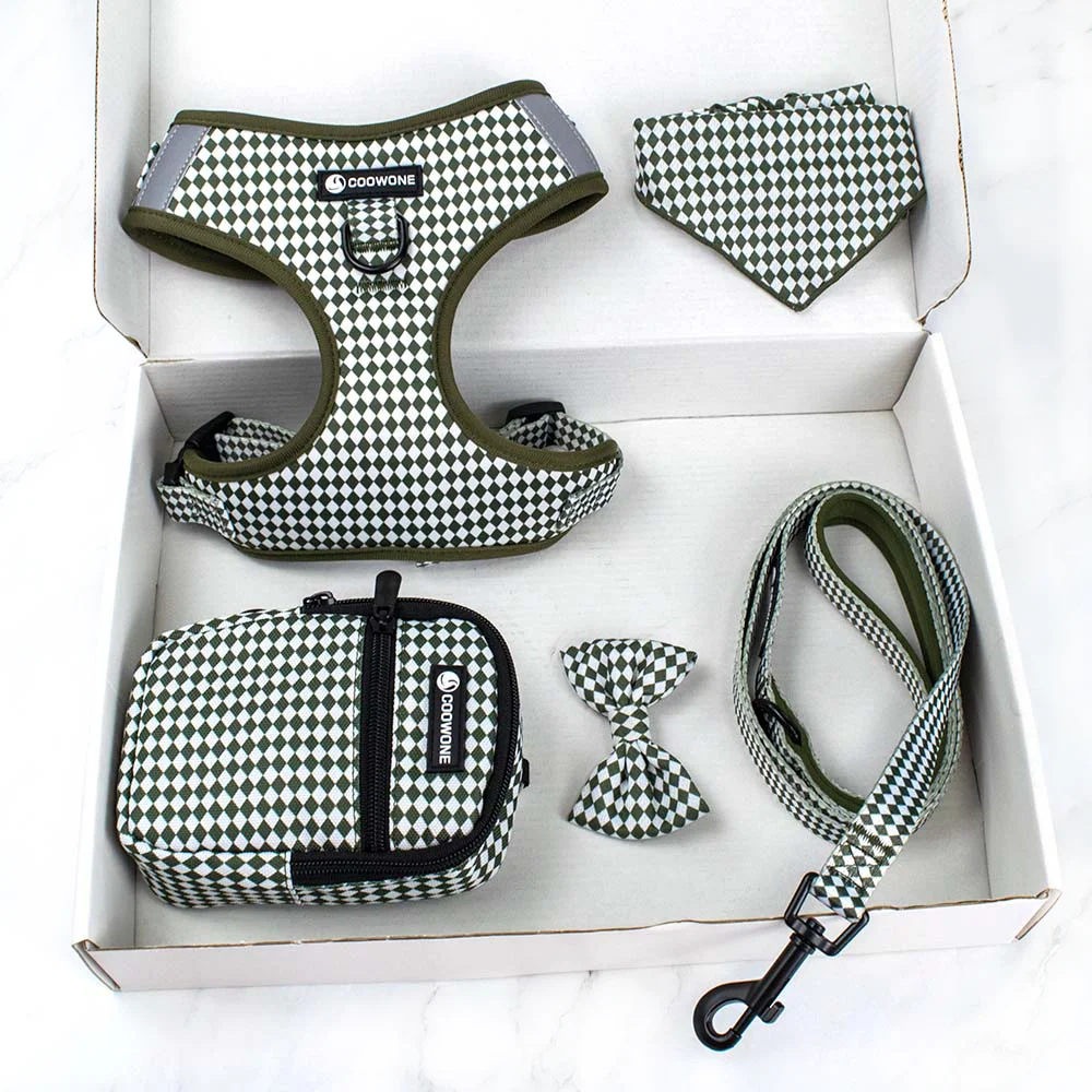 Ready to Ship Dog Harness Manufacture Soft Mesh Padded Dog Harness Bandana Bowknot Poop Bag Collar And Leash Set