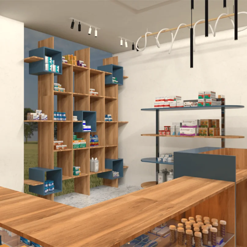 Medical Store Pharmacy Shop Retro Custom Design Wooden Standing Pharmacy Display Shelves Showcase