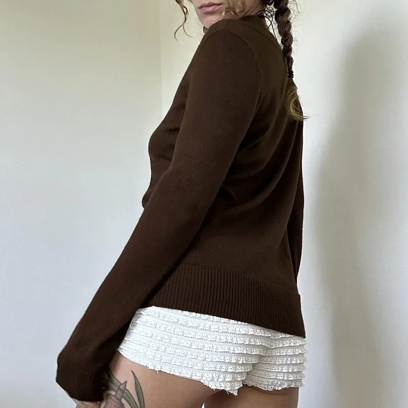 American-style retro Brown large collar waist-tight woolen top autumn wild women loose sweater
