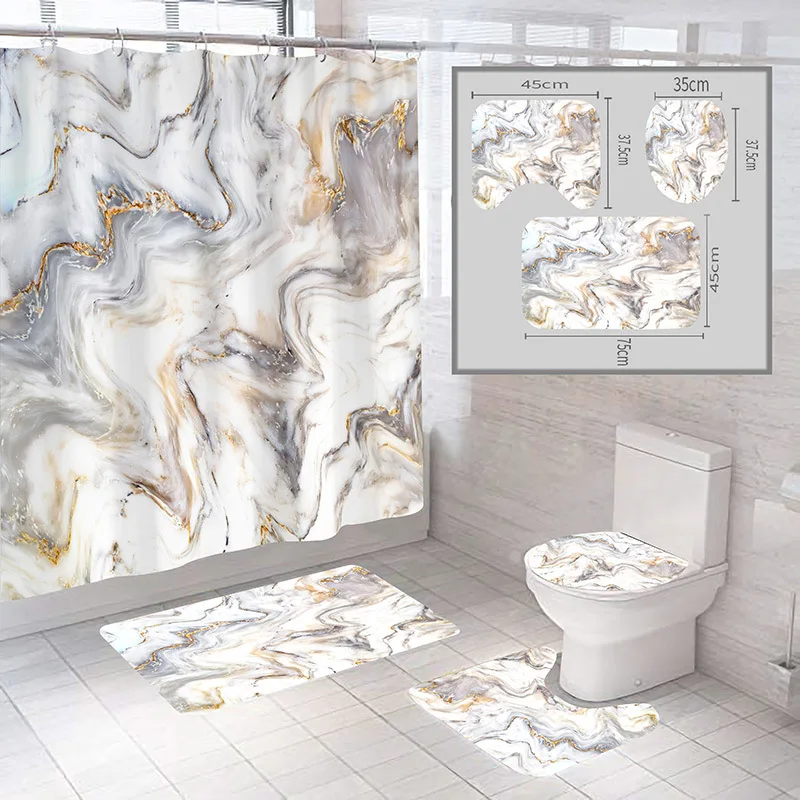 marble pattern elegant,blue green hotel bathroom mat sets with   luxury custom designer ployeste r4 pcs shower curtain sets/