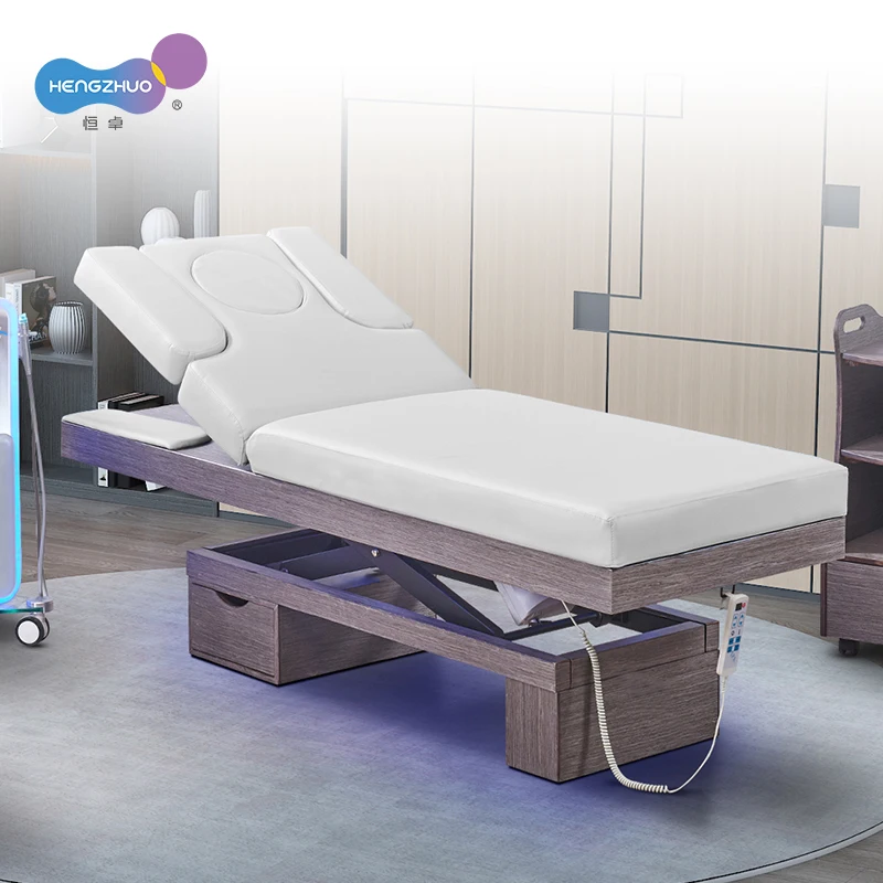 Массажный стол для школы с выдвижным ящиком, регулируемая высота, электрическая спа-кровать для красоты лица, деревянная база в китайском стиле, мебель для салона