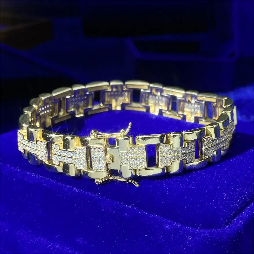 Modern Style Round Diamond Solid 14K Yellow Gold Tone Partial Pave Jewelry Cuban Thin Watch Link Bracelet