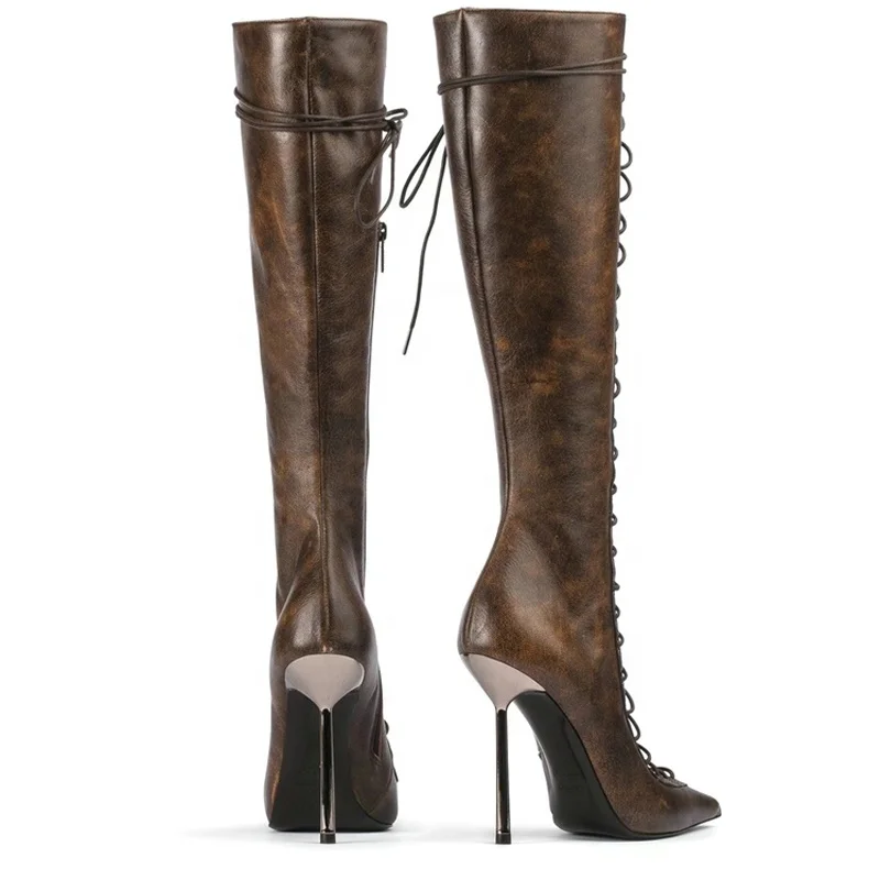 Lace Up Front Cut Out Women Knee High Boots Big Size 44 Solid Stiletto Dress Shoes Slim Heels Side Zipper  Long Boots