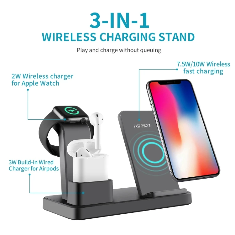 New Style Q12 3 in 1 Quick Wireless Charger for iPhone, Apple Watch and other Android Smart Phones(Grey)