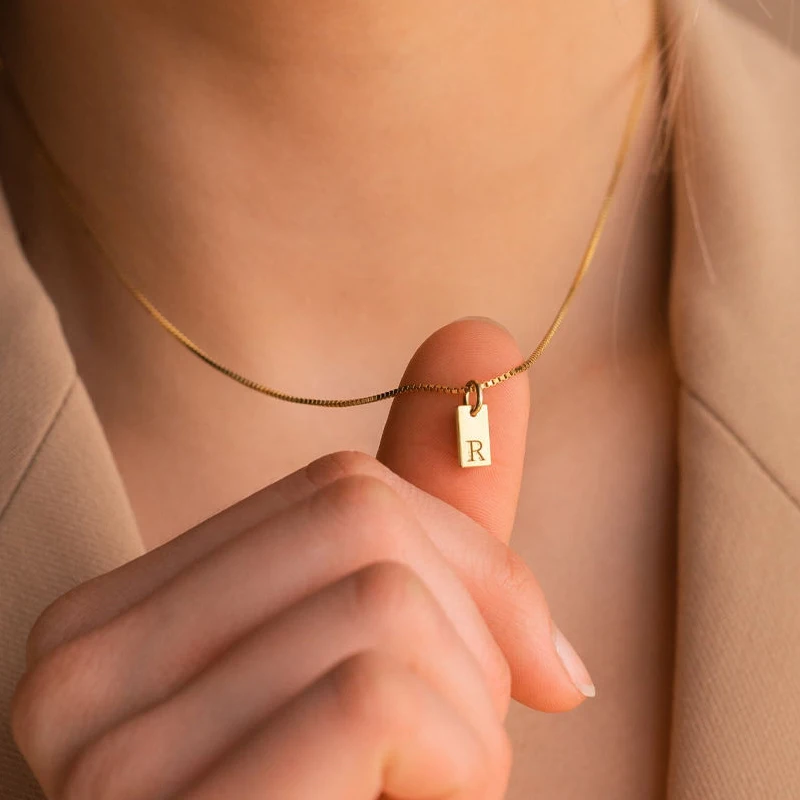 Dainty Minimalist Engraved Custom Name Letter Pendant Box Chain Waterproof Stainless Steel Gold Initial Necklace for Women