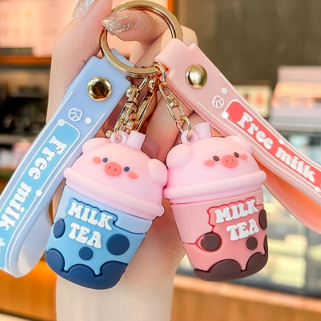 Baimao High-quality wholesale cartoon creative pearl milk tea pig key chain Boba milk tea key chain Kawaii cartoon pig key ring