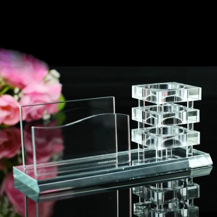 Clear Crystal Office Stationery Gift Set Desk Top Pen and Card Holder for Letter-Themed Promotions