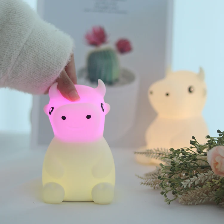 Popular Cute Animal Cow Silicone Night Light for kids Nursery Lamp with Timer USB Rechargeable baby led night light