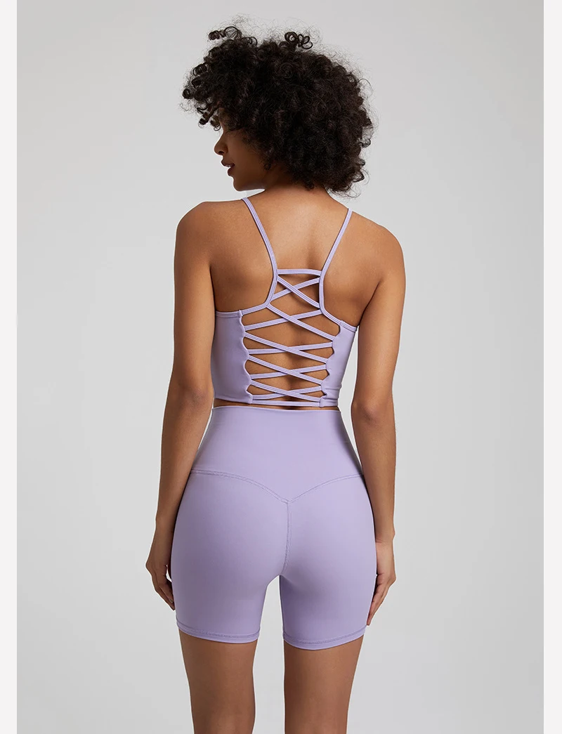 Wholesale Super Soft Nude Fabric Back Hollow Out Cross-strap Yoga Crop Top Gym Wear Fitness Workout Top Sports Bra For Women