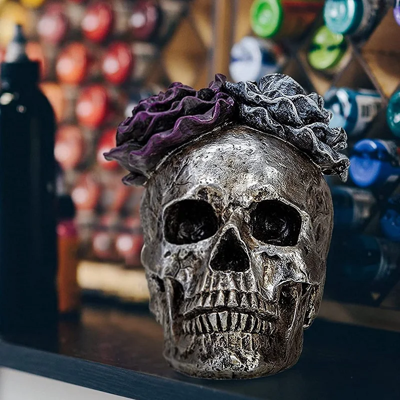 Home Decor Day of Dead Purple Grey Rose Silver Skull Resin Figurine Halloween Skull Statues