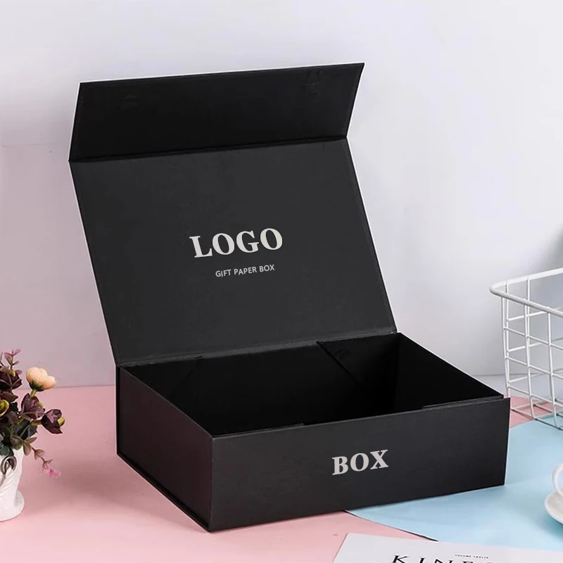 Custom Desgin Luxury Handmade Flip Top Cardboard Black Paper Magnetic Closure Gift Box Packaging with Insert for Women