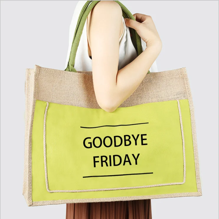 cotton rope handle jute&linen tote bag pvc coating waterproof jute bag reusable eco portable shopping bag daily use