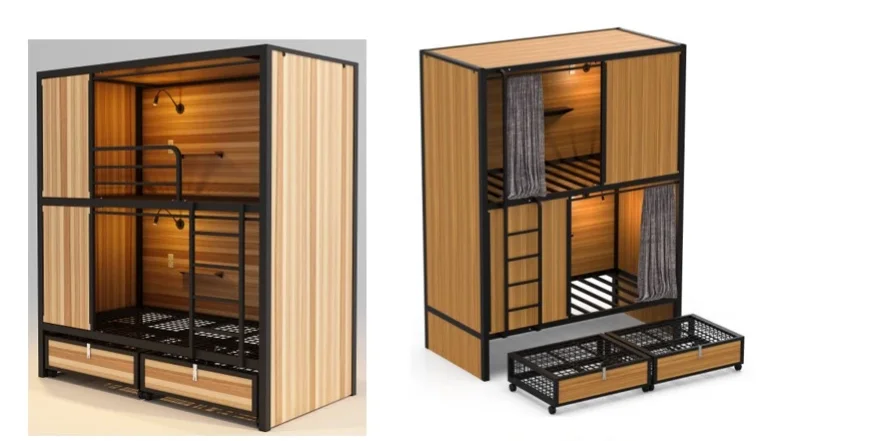 Modern design folding metal king size hotel double loft bunk bed frame room furniture with storage bedroom for school sale