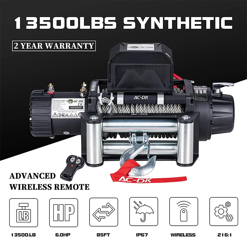 12500lbs Electric Winch Water Proof IP67 Recovery Winch 12V DC Black Color with Steel Rope Including Overload Protection