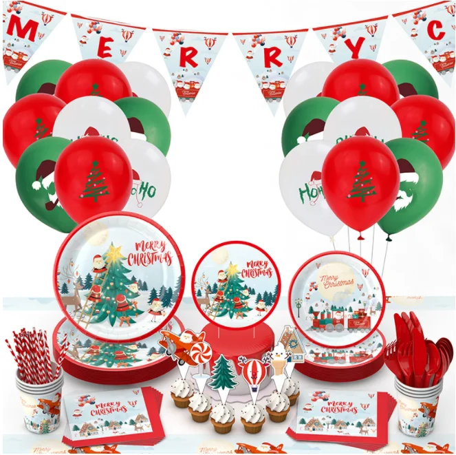 Christmas Disposable Tableware Set Paper Plates Cups Napkins Banners Tablecloth Cutlery for Merry Party Decor Supplies