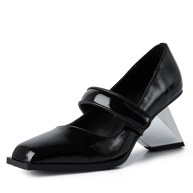 Туфли-лодочки женские из натуральной кожи, квадратный носок, высокий каблук, каблук в странном стиле, на липучке, для офиса и вечеринки