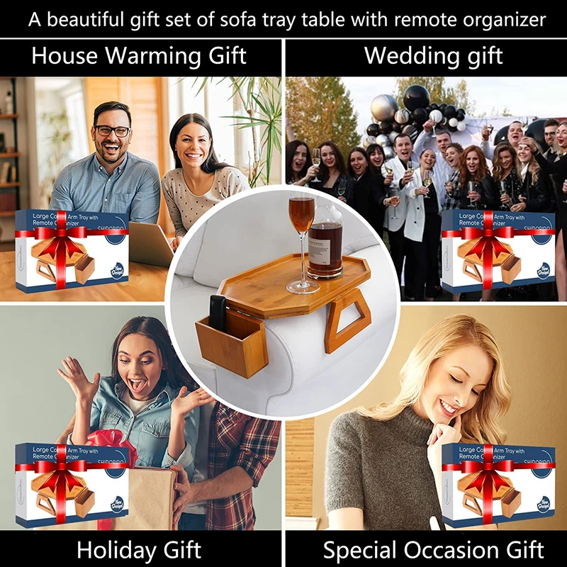 Large Clip-On Wooden Bamboo Couch Sofa Arm Table Armchair Armrest Tray With Remote Control Organizer for Food Drink Snack Coffee