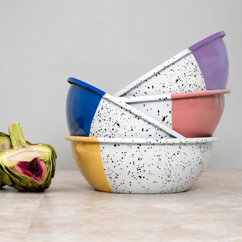 2022 New design personalized OEM half colored speckled carbon steel metal mixing enamel salad bowls