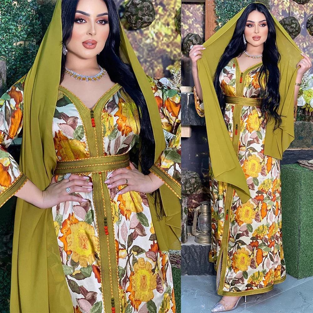 New Floral Ethnic Clothing Ribbon Maxi Dress Women Muslim Hijab Eid Long Sleeve Loose Arabic Abaya Dubai Islam Morocco Caftan