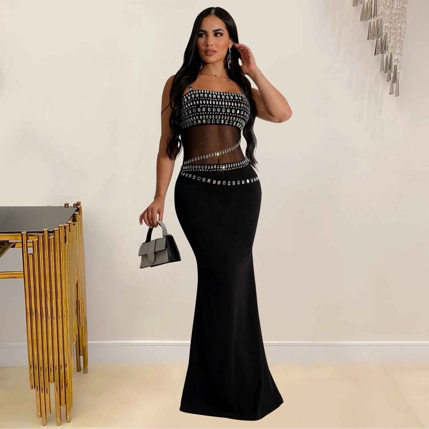 Luxury White Rhinestone Mesh See Through Spaghetti Strap Evening Dress Backless Women Sexy Birthday Bodycon Festival Dress