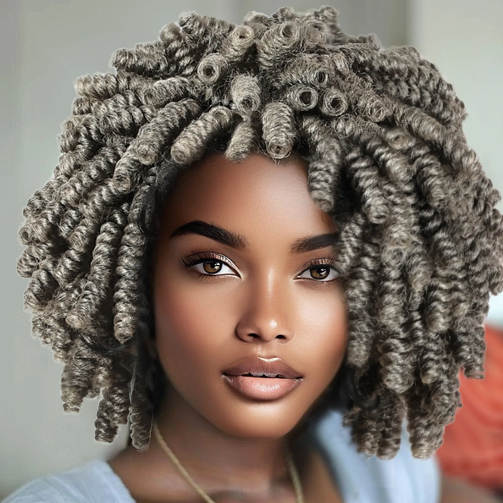 FH 10 inches  Grey Synthetic Short Wig Faux Locs Crochet Curly Full Lace Braided Wig for Black Women