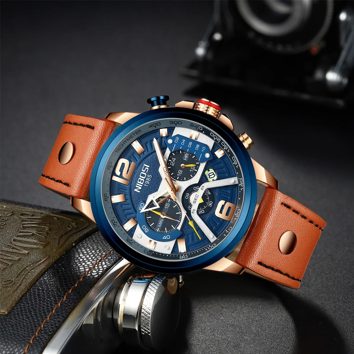  Повседневные спортивные мужские часы NIBOSI 2373 синие Роскошные военные наручные от лучшего бренда с кожаным ремешком модные