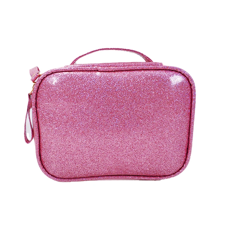 fashion new design makeup case with handle pink shiny glitter leather cosmetic bags