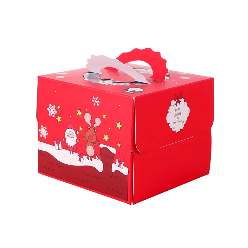 In stock 4/6/8 inches portable Christmas red cake paper folding carry box with paper tray and handle