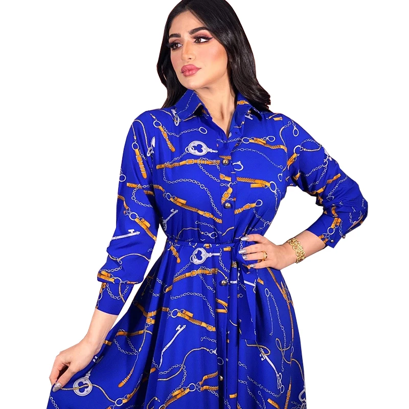 2022 Fall Vintage Wholesale Chain Floral Shirt Dress Women Ethnic Print Dubai Turkey Arabic Oman Muslim Moroccan Caftan Clothes