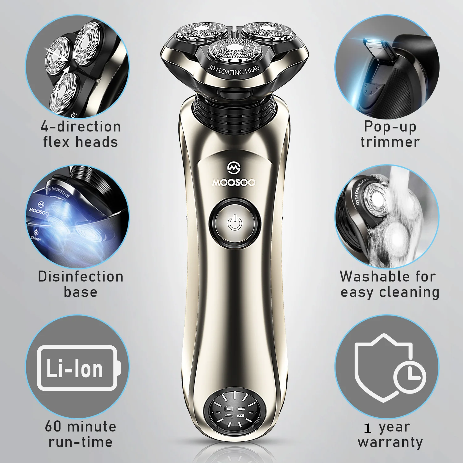 MOOSOO 8G Waterproof Rechargeable Shaving Machine 3D All  Around Floating Head Shaver Barber for Men Electric Shavers