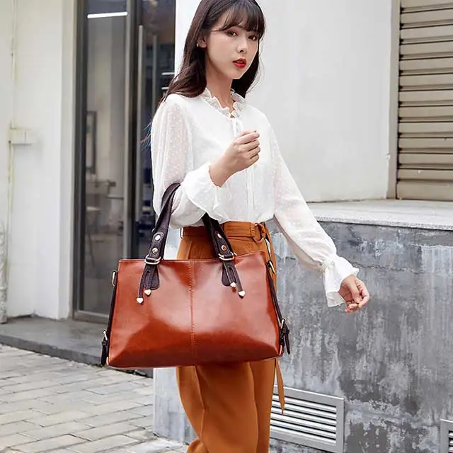 Large capacity Mummy hand bag oil wax leather ladies handbag factory