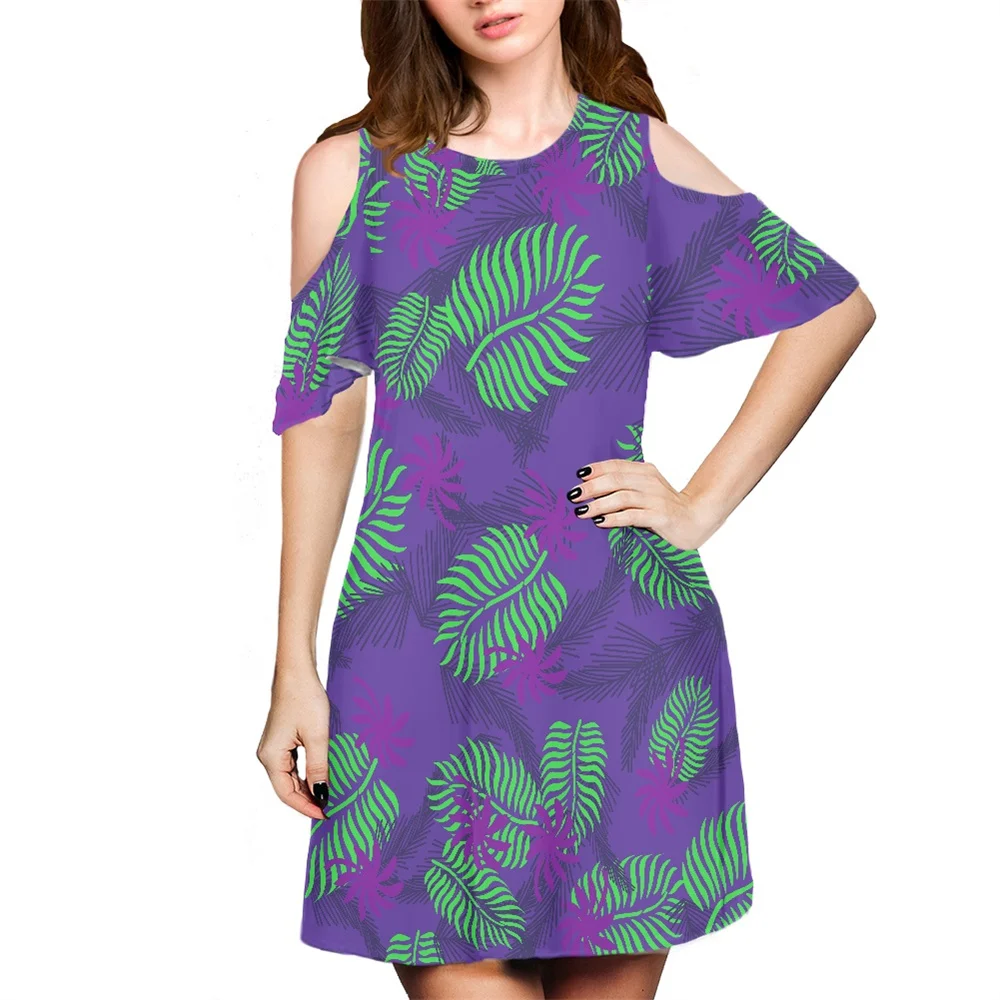 Streetwear Apparel Manufacturers Polynesian Tribal Hawaiian Dresses Purple Palm Leaves Flower Print Custom Cold Shoulder Dress