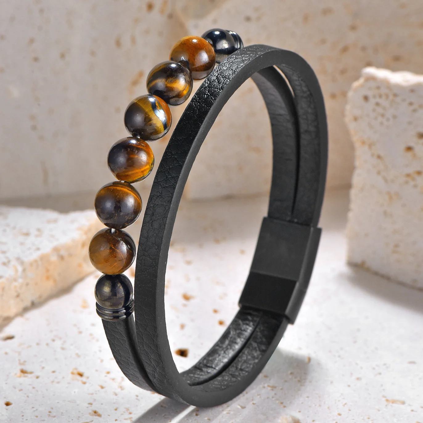 Punk Style 8mm Tiger Eye Stone Stainless Steel Magnetic Buckle Genuine Leather Rope Bracelet For Men Vintage Beaded Bracelet