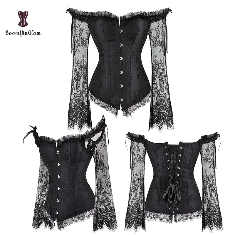 6 Row Busk Embroidered Floral Boned Bustier Overbust Lace Up Bodice Lingerie Red Corset Tops For Women With Sleeves Plus Size