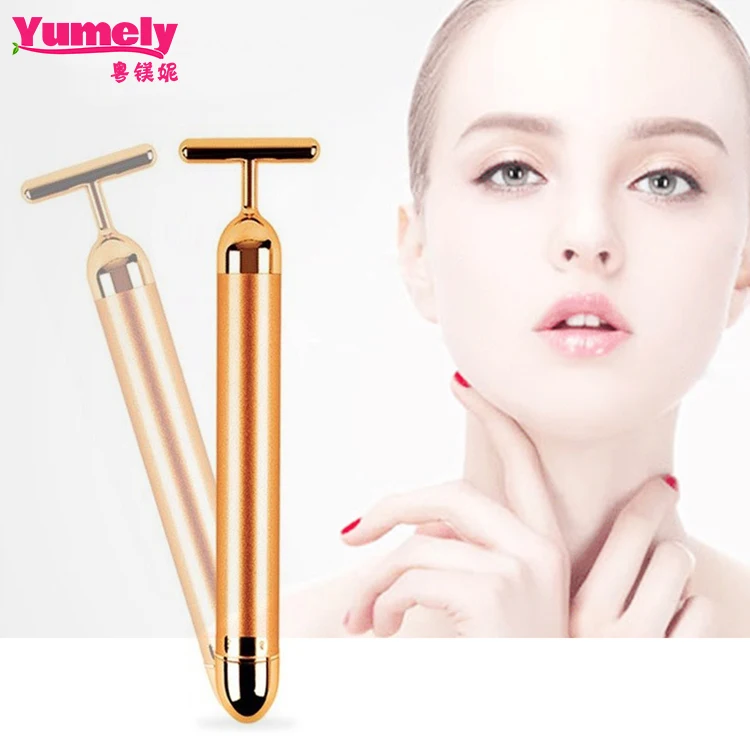 Beauty Bar 24k Golden Pulse Facial Massager, T Shape Gold Stick Facial Roller Massager