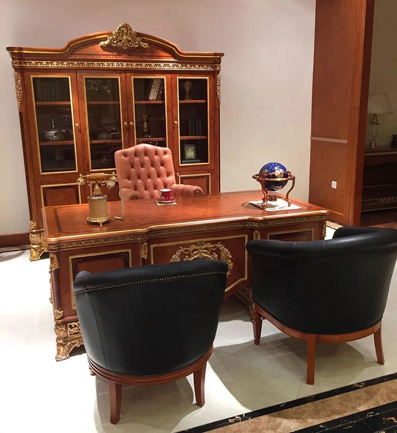 Custom Luxury Home Office Solid Wood European Royal Style Study Room Furniture Set