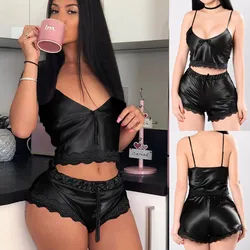Hot sale ladies plain sleeveless two piece sexy woman lace pajamas made in China