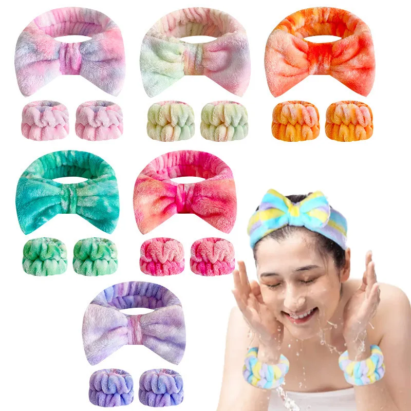 Soft Microfiber Facial Makeup Headband Fuzzy Skincare Spa Headband for Washing Face and Matching Wristbands Set