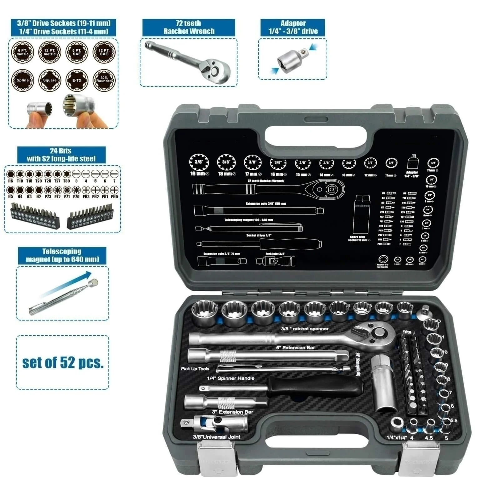 GTYPRO Taiwan Quality 52pcs Multi-Tooth Inch TORX Gear Lock Ratchet Set Profile XZN E Profile Socket Set Metric 1/4 3/8 Nut Bit