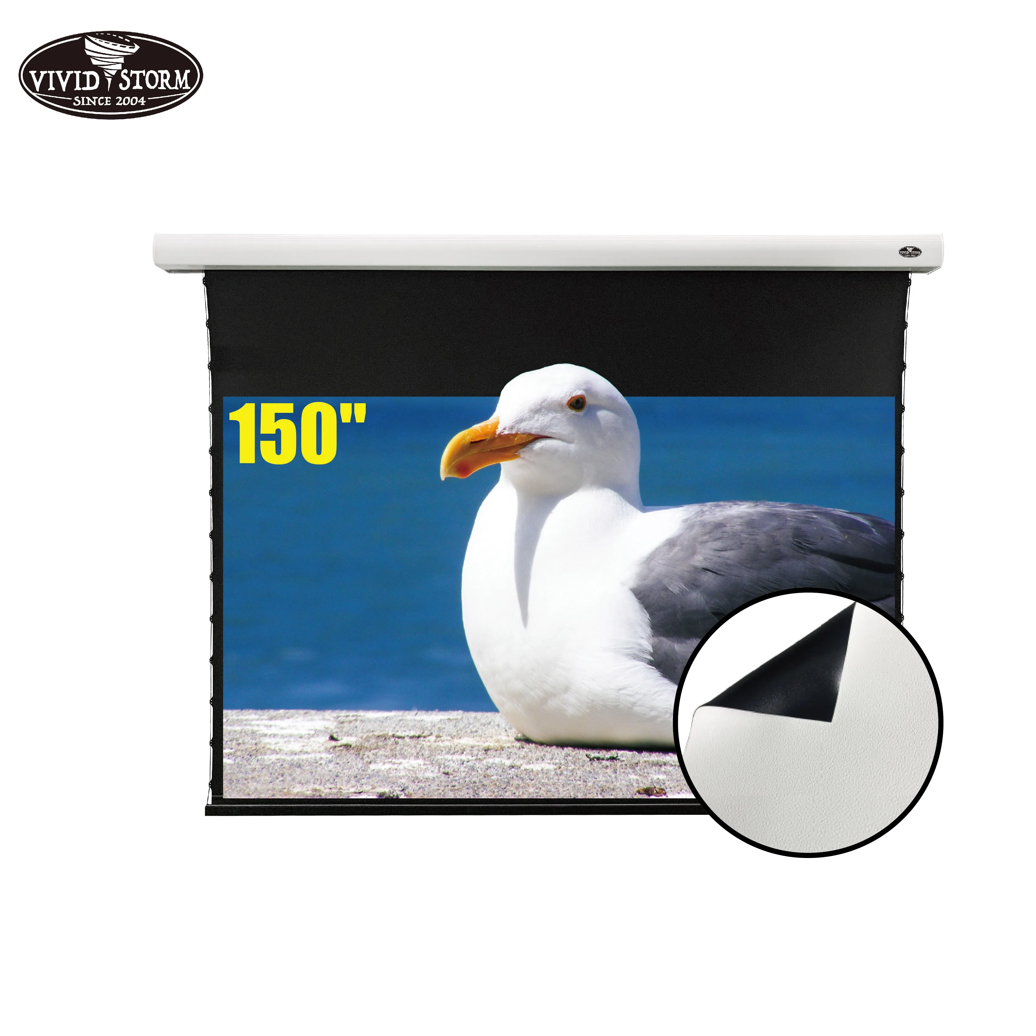 VIVIDSTORM 150inch Slimline Electric Tab-tensioned Drop Down Screen with PVC Cinema White home cinema for normal throw projector