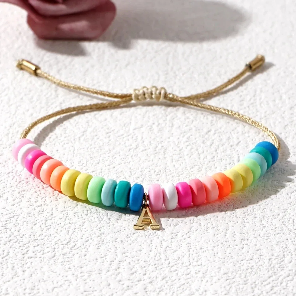 Boho Colorful Summer Fashion Heishi Clay Beaded Bracelets 26 Letters Charm Adjustable Bracelet For Women Gift