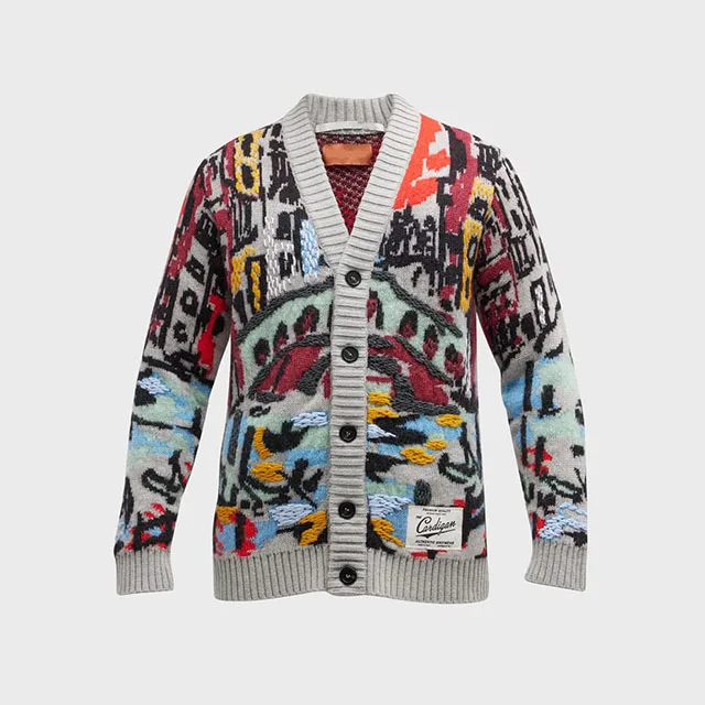Custom Garment Men Sweater Thick Knit Jacquard Color Knitting Cardigan