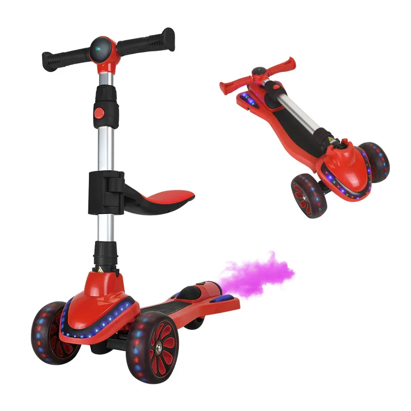 New Arrival 3 Wheel with LED Light 2 in 1 Folding Rocket Spray Smoke Bubble Seat for Children Kids Kick Foot Scooter for Sale