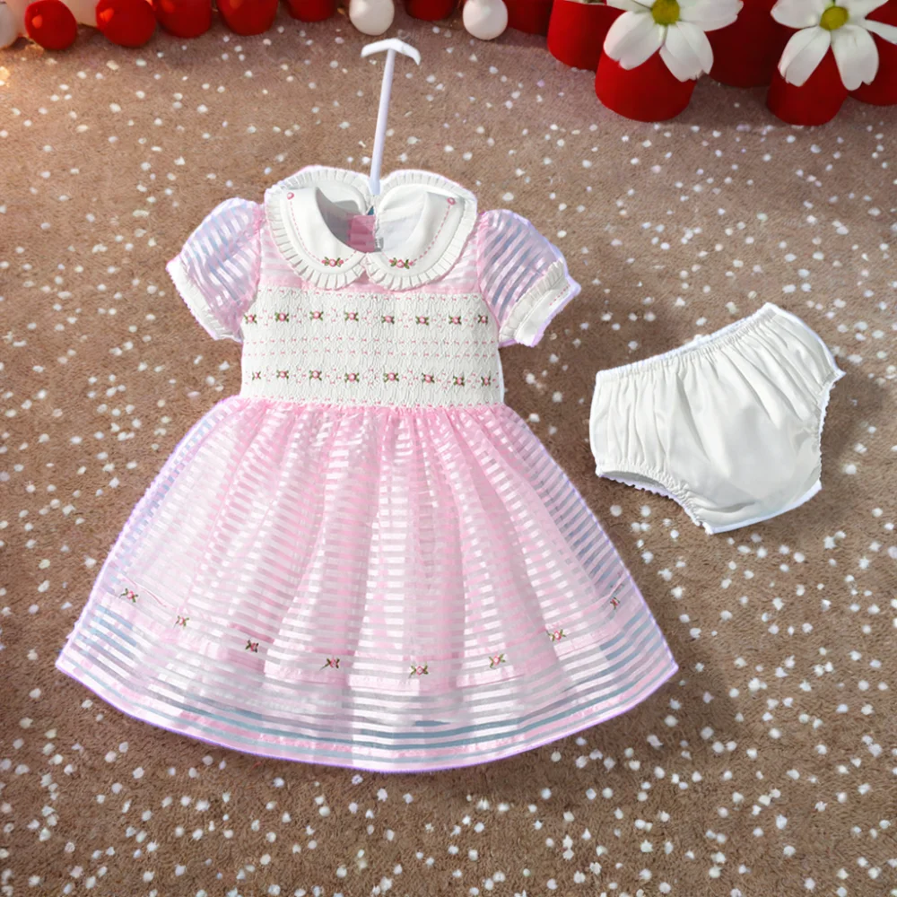 Customized Hand Made Smocked  Baby Girl Dresses Organza Boutique Children Smocking Sweet Embroidery Ball Gowns Smock Kids Dress