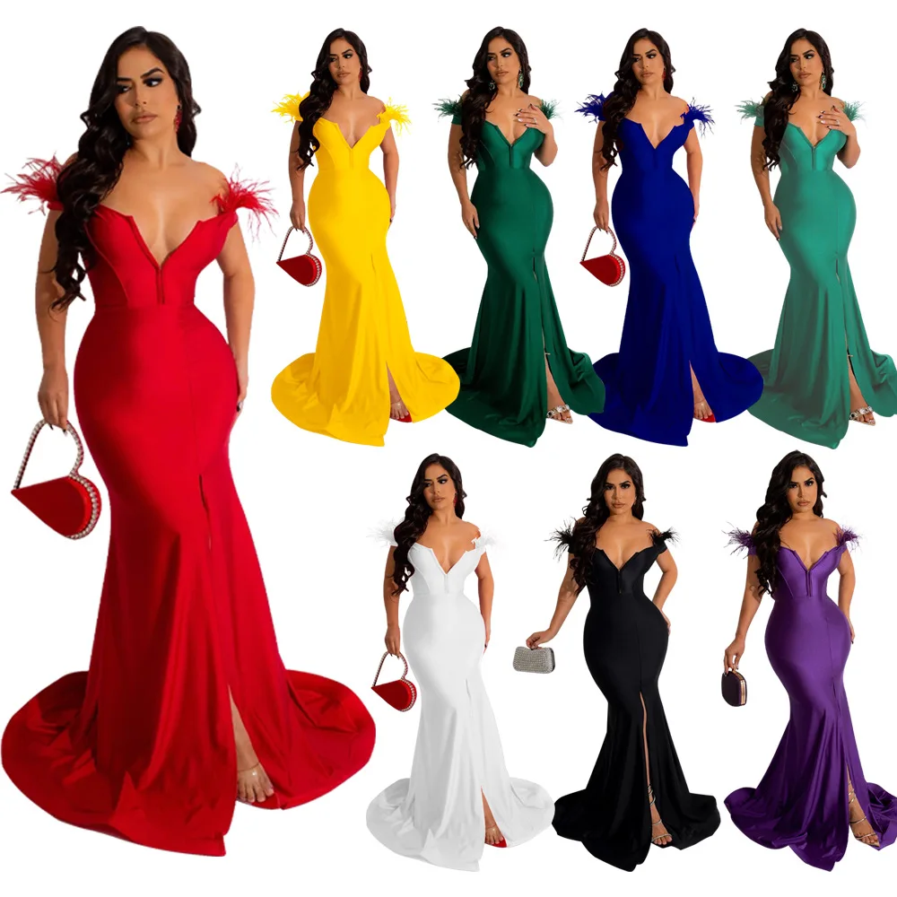 2023 new women solid color V-neck sleeveless split fishtail floor-length evening dress